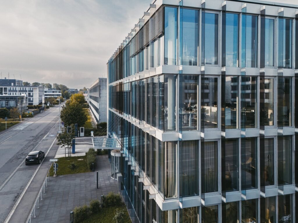 Aerial view of a glass office building