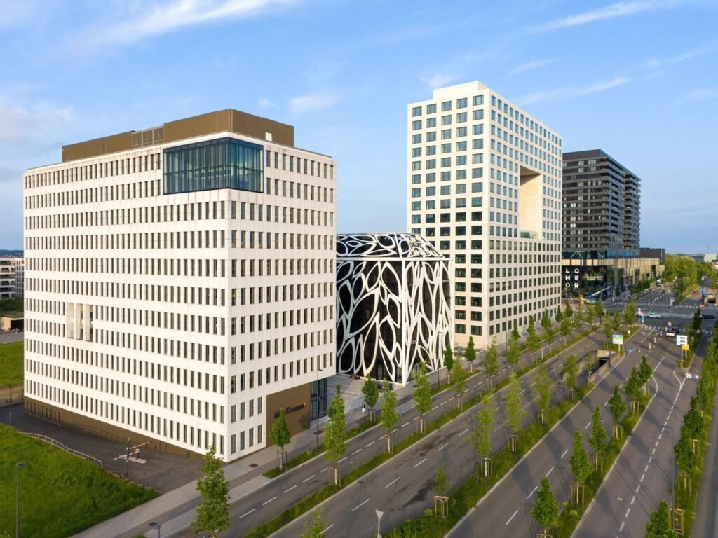 Aerial view of a modern office district
