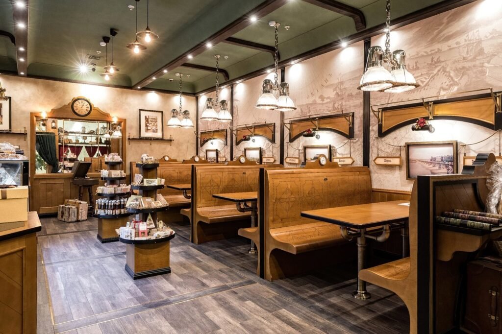 Restaurant interior with wooden booths